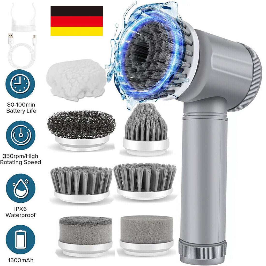 Brosse de nettoyage électrique multifonction Merlandi - vue d'ensemble avec accessoires
